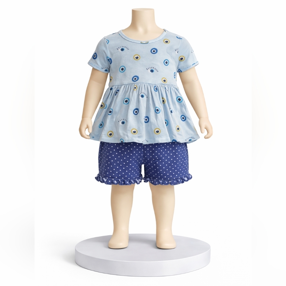 Posh Peanut Light Blue Eye-Print Peplum Top with Navy Dot Shorts